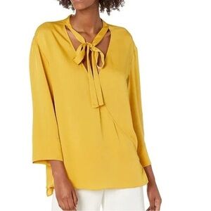 Theory Womens Mustard Yellow 100% Silk Tie Neck Faux Wrap Blouse Size Medium
